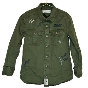 Abercrombie Kids Boys 5/6 Green Graphic Button Shirt Moose Embroidered A&F